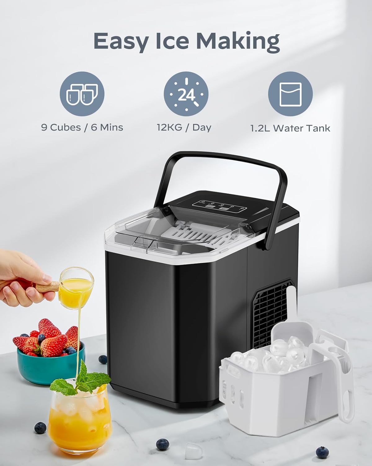 Ice Maker Countertop, Portable Ice Machine with Carry Handle,9 Cubes in 6 Mins, 26 lbs per Day, Ideal for Home, Kitchen, Camping, RV